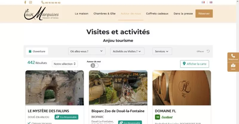 Widget Anjou tourisme présentant les visites et activités depuis le site web d'une maison d'hôtes