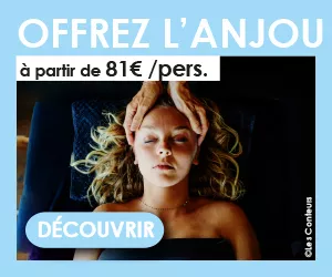 Affiche campagne Offrez l'Anjou montrant une femme allongée se faisant masser la tête. Le prix du séjour est à partir de 81€ par personne, à découvrir sur anjou-tourisme.com rubrique séjours, cadeaux
