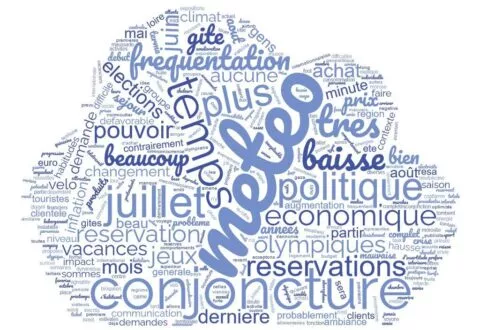 Nuage de mots représentants les principaux retours des professionnels du tourisme sur les prévisions de l'été : météo, conjoncture, baisse, politique, économique, juillet sont les principaux mots ressortant