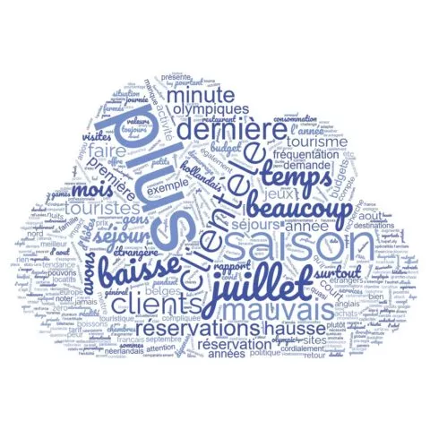 Nuage de mots représentants les principaux retours des professionnels du tourisme sur les tendances de l'été 2024 : juillet, baisse, dernière minute, temps, olympiques sont les principaux mots ressortant