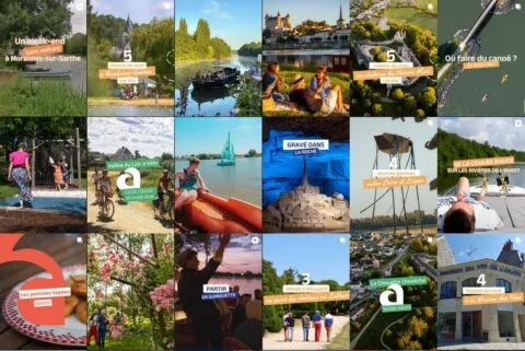 Mur principal J'aime l'Anjou sur Instagram, avec 18 posts. On y voit des images et incrustations textes. Quelques exemples : - week-end sans voiture à Morannes-sur-Sarthe -5 raisons de venir à Fontaine-Guérin cet été -Où faire du canoë en Anjou bleu ? -Vallée du Loir à vélo en mode slow - Recette des pommes tapées -Sentier nature de la Chouette Chev^c