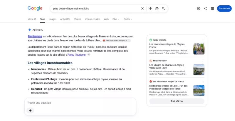 AI Overviews sur la requête "Plus beau village maine et loire"
